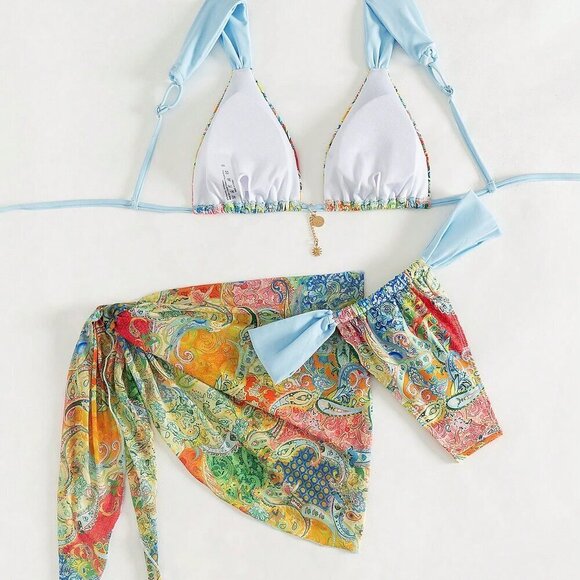 Multicolor Boho Women's Paisley Print Lightweight 3-Piece Bikini Set - Picture 3 of 6